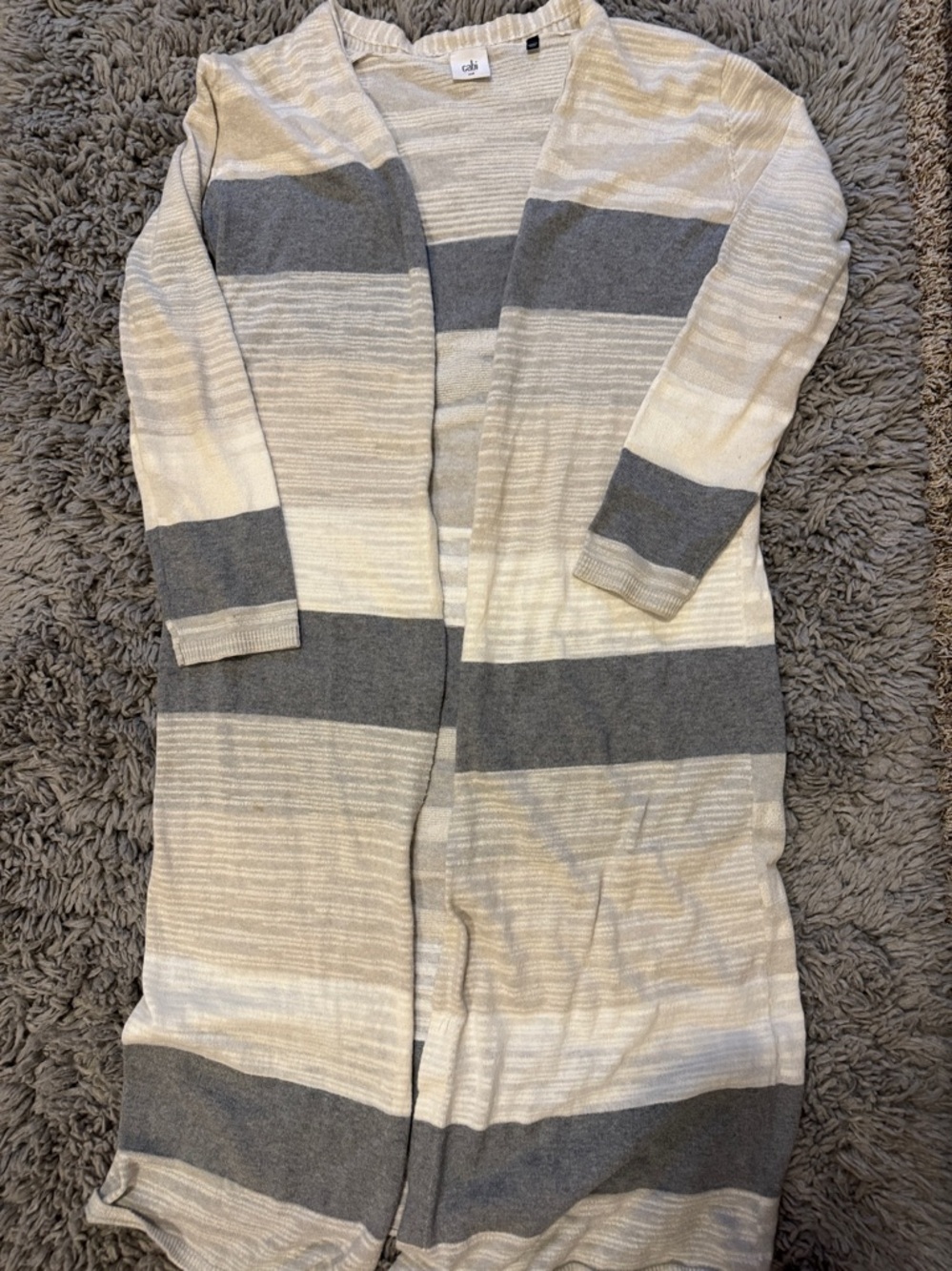 CAbi Long Open-Front Striped Cardigan in Gray and Cream